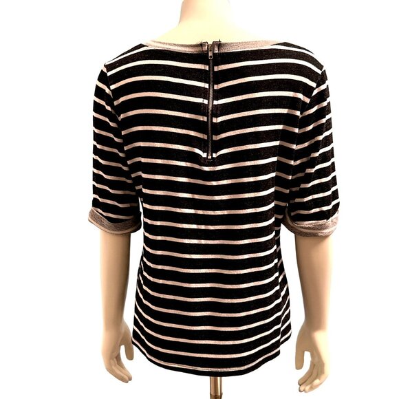 CCC Horizontal Black White Striped Blouse Zipper Back Rolled Sleeves Size Large - Picture 3 of 5